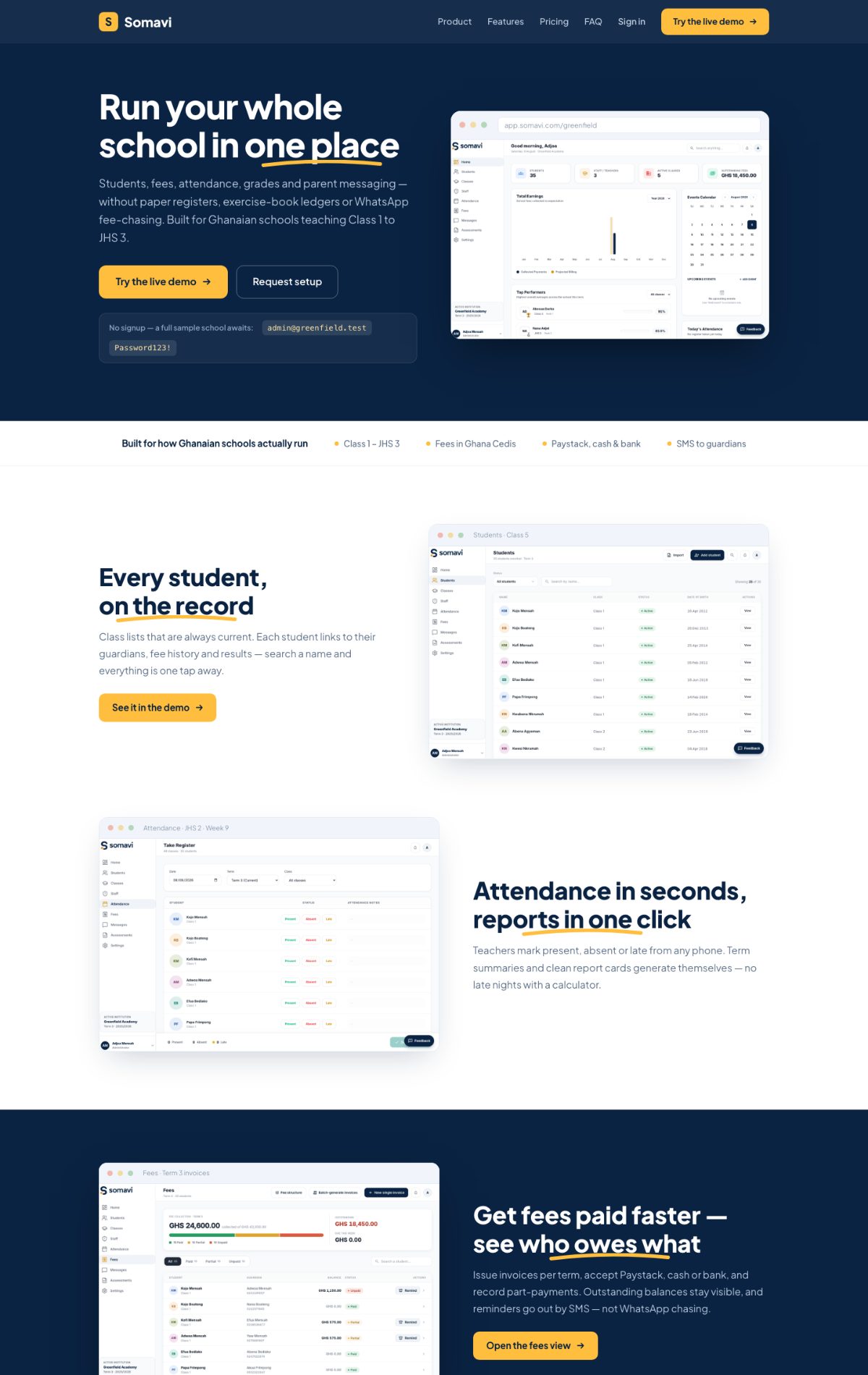 Somavi school management platform homepage